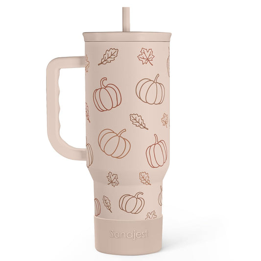 SANDJEST Pumpkin Tumbler with Handle and Straw 40oz – Stainless Sleel Slider Tumbler Travel Coffee Mug for Women - Gift Idea for Fall Autumn Halloween