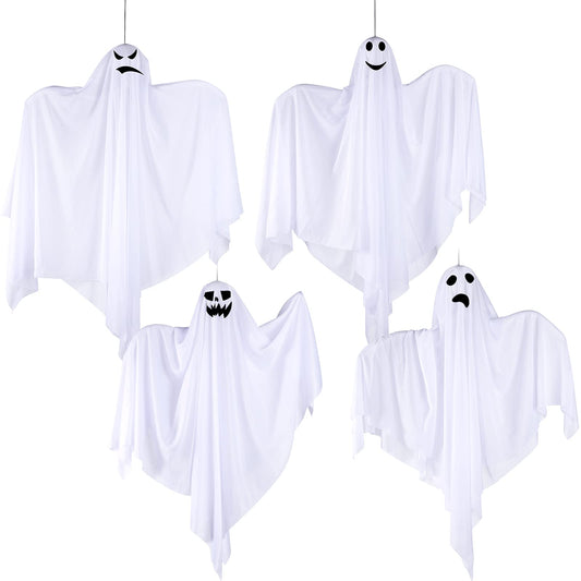 Threan 4 Pieces 2 Sizes Halloween Hanging Ghosts Flying Ghost Decorations Cute Flying Ghost Hanging Decorations Ornaments for Front Door Garden Party Holiday Decoration Supplies