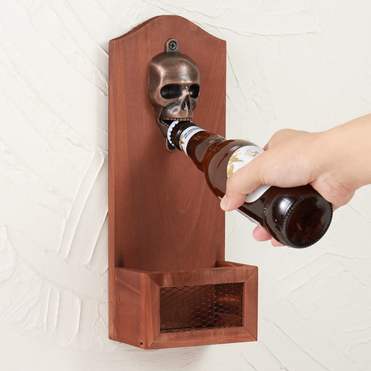 Skull Bottle Opener with Cap Collector Catcher, Vintage Wooden Wall Mounted Bottle Opener，Ideal Gift for Men and Beer Lovers, Use as Bar Decoration.