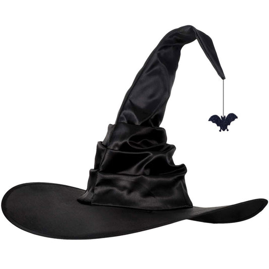 Seasons Stars SSDecor 2025 Halloween Witch Hat with Handcrafted Pleating and Glittery Bat Pendant, Halloween Costume Accessory Black Witch Hat for Adult's