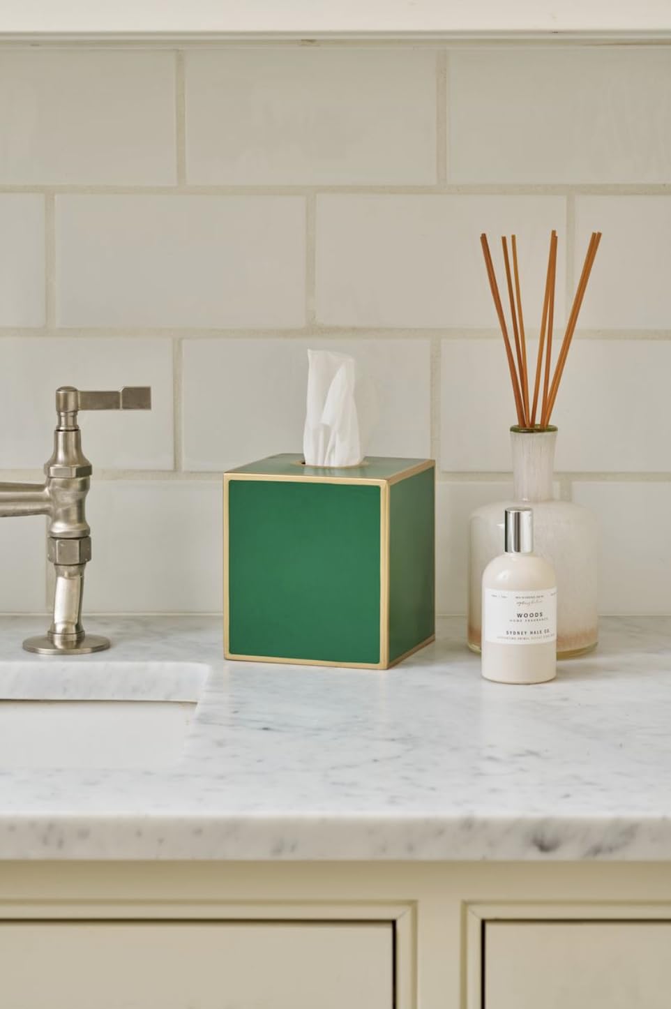 Jaye’s Studio Decorative Square Metal Tissue Box Cover Gold - Luxury Cube Facial Tissue Holder & Dispenser for Bathroom, Bedroom & Home, Modern Chic & Farmhouse Decor, Mattie Line (Emerald Green)