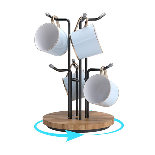 BTWDAEX Counter Coffee Mug Holder with 6 Hooks, 360° Rotating Mug Tree for Large Cups, Kitchen Counter Decor Metal Coffee Cup Rack Stand for Countertop with Stable Wooden Base