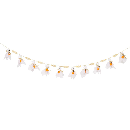 Cute Halloween Ghost with Wooden Beads Garlands, Handmade Rustic Halloween Banner for Wall Home Indoor Outdoor Spring Decor Supplies (Pumpkin)
