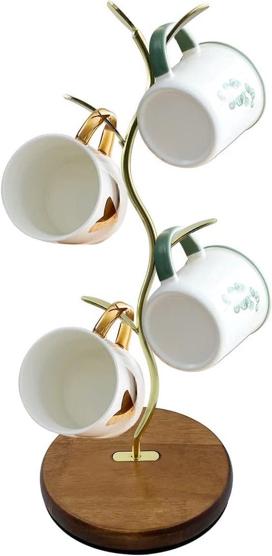 Mi hogar Leaf-Shaped Mug Tree Stand for Kitchen Counter, Modern Tabletop Organizer Holds 4 Mugs with Stable Round Base, Decorative Storage Rack for Coffee & Tea Cups
