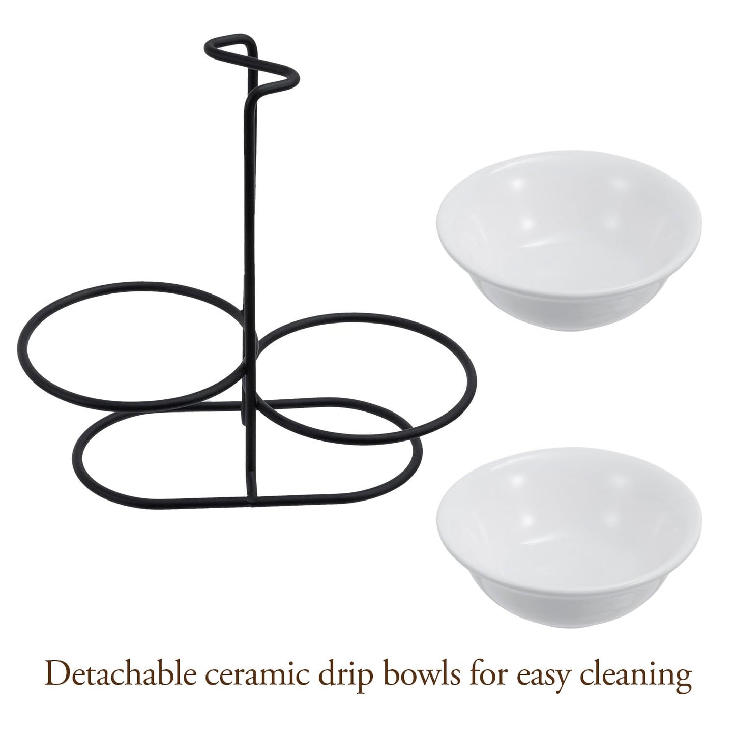 MyGift Countertop Ceramic Spoon Rest with Matte Black Metal Stand, Upright Ladle Holder Rack with 2 Bowl Dish