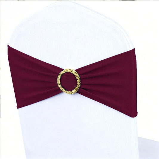 MAGTOWNE Burgundy Chair Sashes 50 Pack with Gold Buckle Slider, Spandex Wine Red Chair Bands Bows for Folding Chairs Wedding Party Banquet Décor