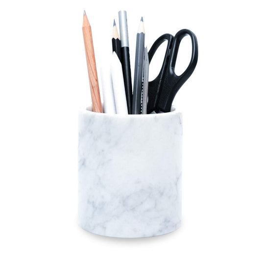 JIMEI Natural Marble Pencil Pen Holder Stand for Desk, Makeup Brush Cup for Girls, Bathroom Tumbler Cup, Durable Office & Home Organizer Pencil Holder (White)