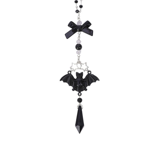 LuneClat Black Crystal Car Rearview Mirror Charm - Y2K Gothic Bat Pendant Beaded Hanging Charms, Dark Fantasy Witch Halloween Cars Decor, Interior Ornament Gift for Women Men Driver