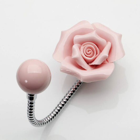 MDPLY Beautiful 3D Flower Ceramic Wall Coat Hook, Chrome Decorative Robe Hook, Scarf, Bag, Towel, Hat etc for Kitchen Bathroom Office (Rose Pink)