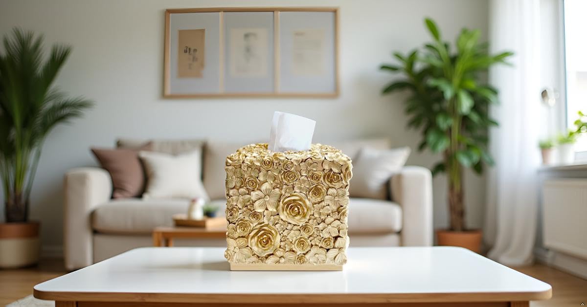 Huitony Square Tissue Box Cover Decorative Kleenex Box Holder for Bathroom & Living Room with Handcrafted Texture (Rose Gold)