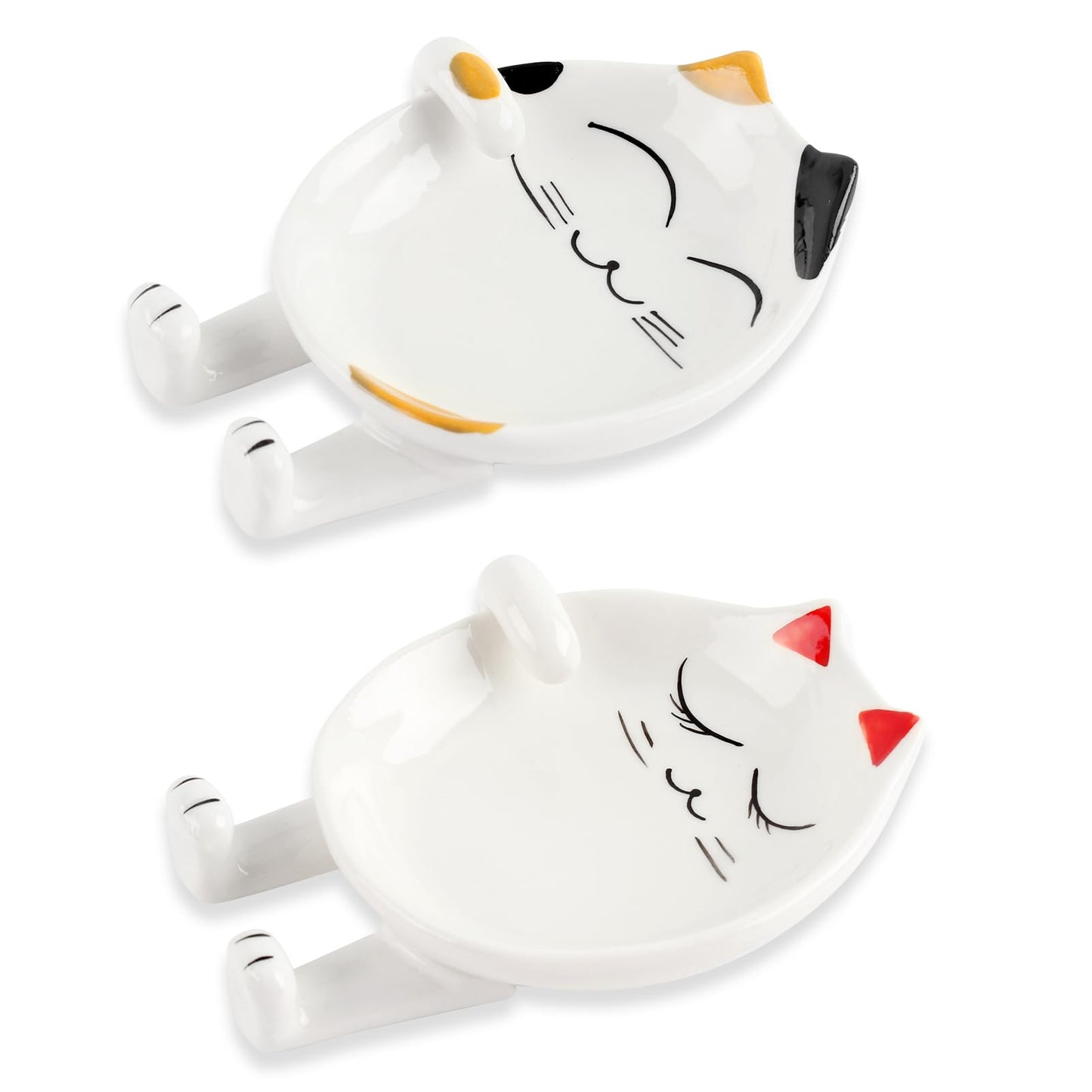 TBWHL Cute Spoon Rest 2PCS, Cat-Shaped Ceramic Spoon Rest for Kitchen Counter Stove Top with Lid Holder, Kitchen Spoon Holder for Coffee Spoon (Red & Yellow)