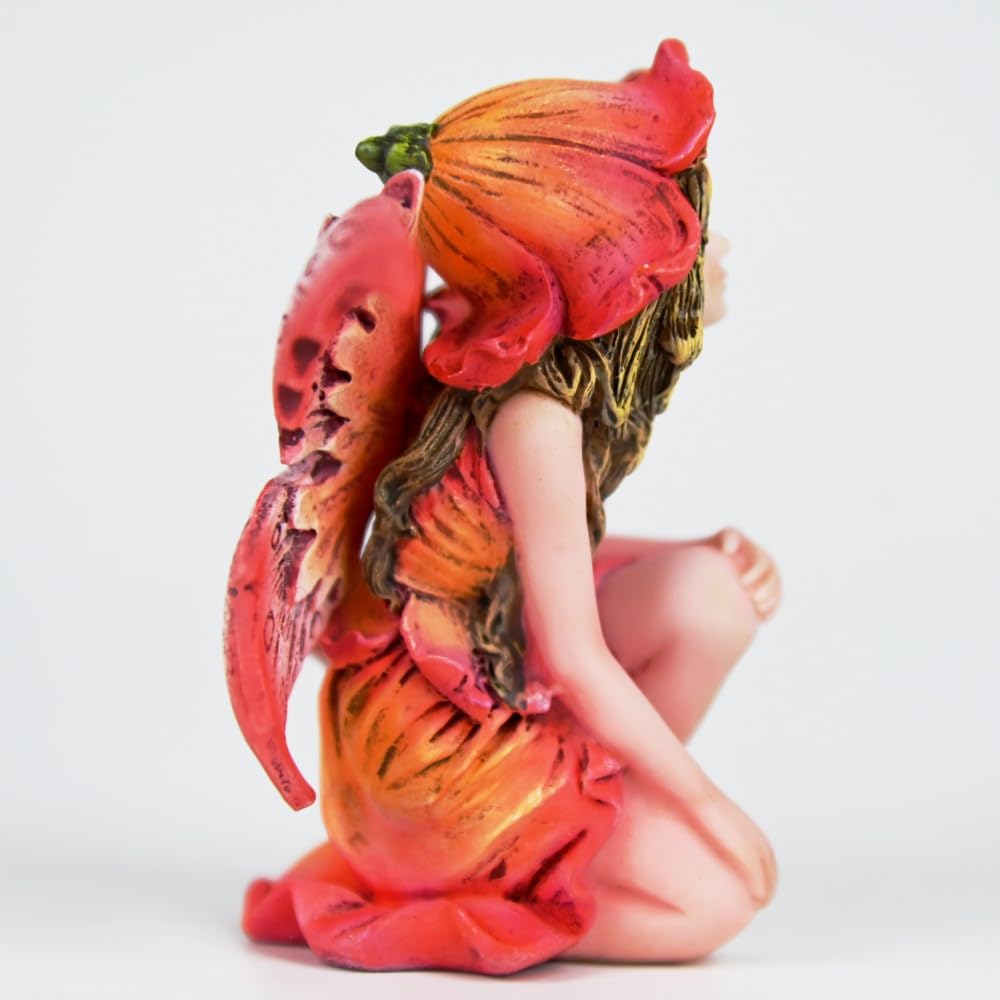 Fipcnbs Fantasy Red Autumn Fairy Figurine, 3.15 Inch Flower Hat Elf Statue, Hand-Painted Gradient Resin Decor with Textured Wings for Fall Garden, Desk, Plant Pot