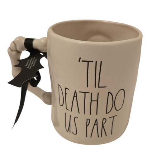 Rae Dunn Till death do us part Halloween Ceramic coffee mug Double sided with skeleton couple on reverse.