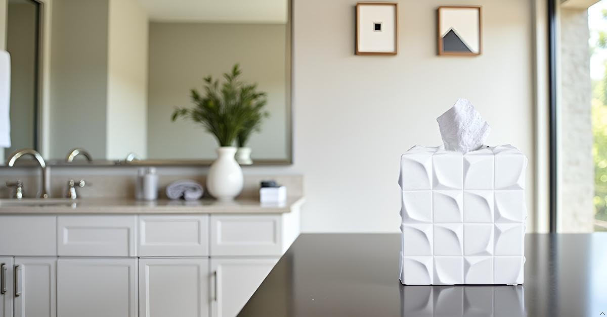 Huitony Square Tissue Box Cover Decorative Kleenex Box Holder for Bathroom & Living Room with Handcrafted Texture (White)