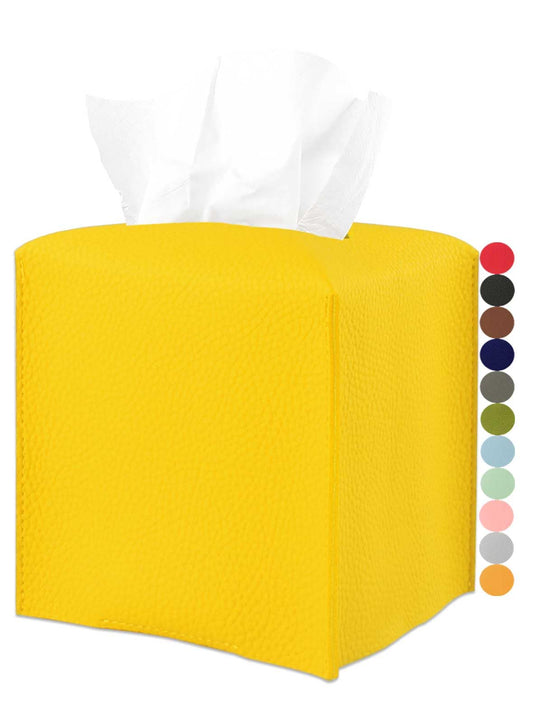 Yellow Tissue Box Cover Holder – with Bottom Belt [JESMINI, Lemon Yellow] Modern PU Leather Tissues Cube Box Cover Decorative for Bathroom Vanity Countertop/Night Stands/Office Desk, 5x5x5