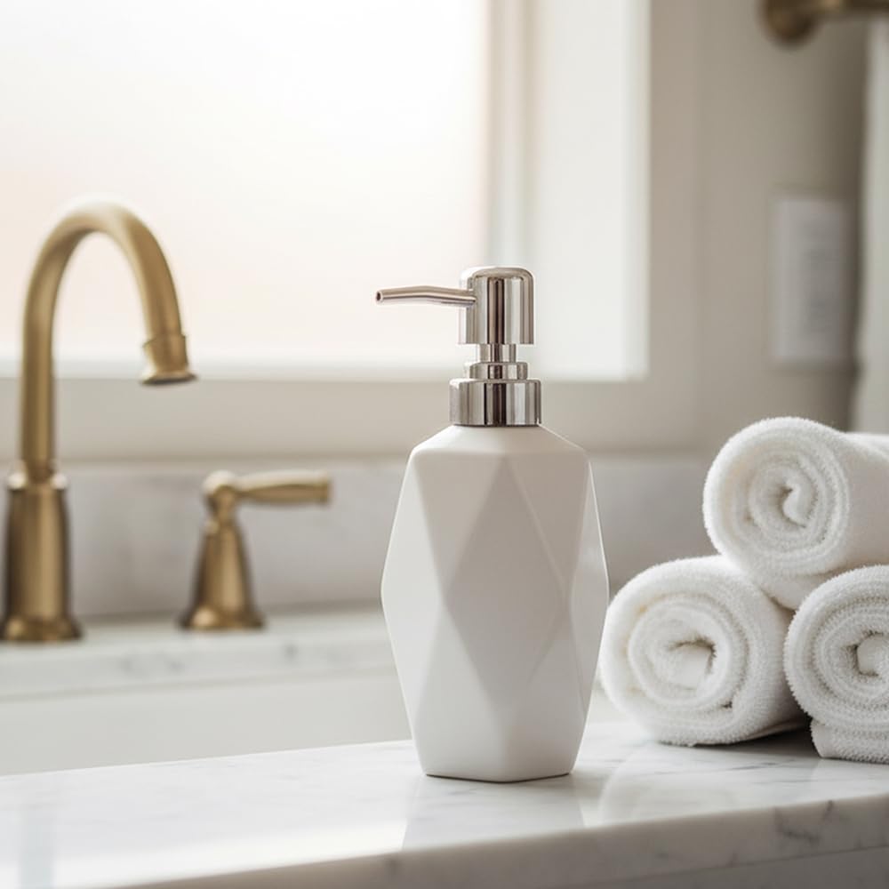 Soap Dispenser, 13.5oz Ceramic Soap Dispenser Bathroom for Kitchen & Bathroom (White)