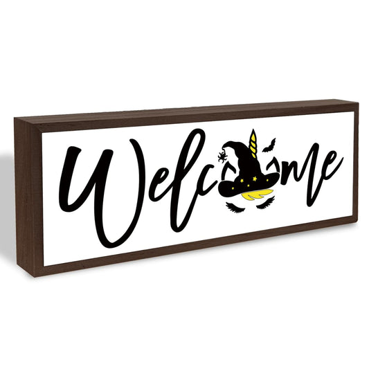 Welcome Wood Home Decor Signs, Welcome Witches Hat Wood Plaque, Home Tabletop Desk Decorative Sign, Halloween Sign, Hanging Decorative Wooden Plaque 9.5x3.1 Inches(A27)