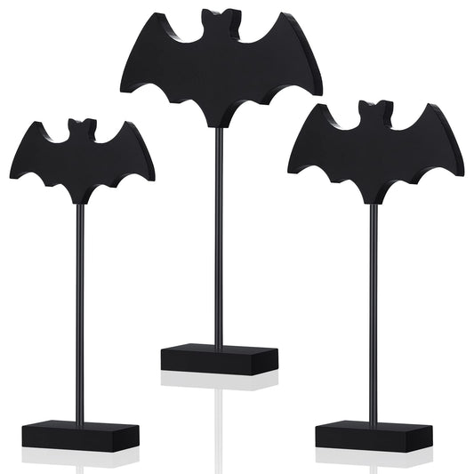 Shellwei 3 Pieces Halloween Wood Table Decor Bat Wooden Table Topper Sign Fall Tall Standing Wooden Centerpiece for Halloween Party Favor Home Room Decor(Black)