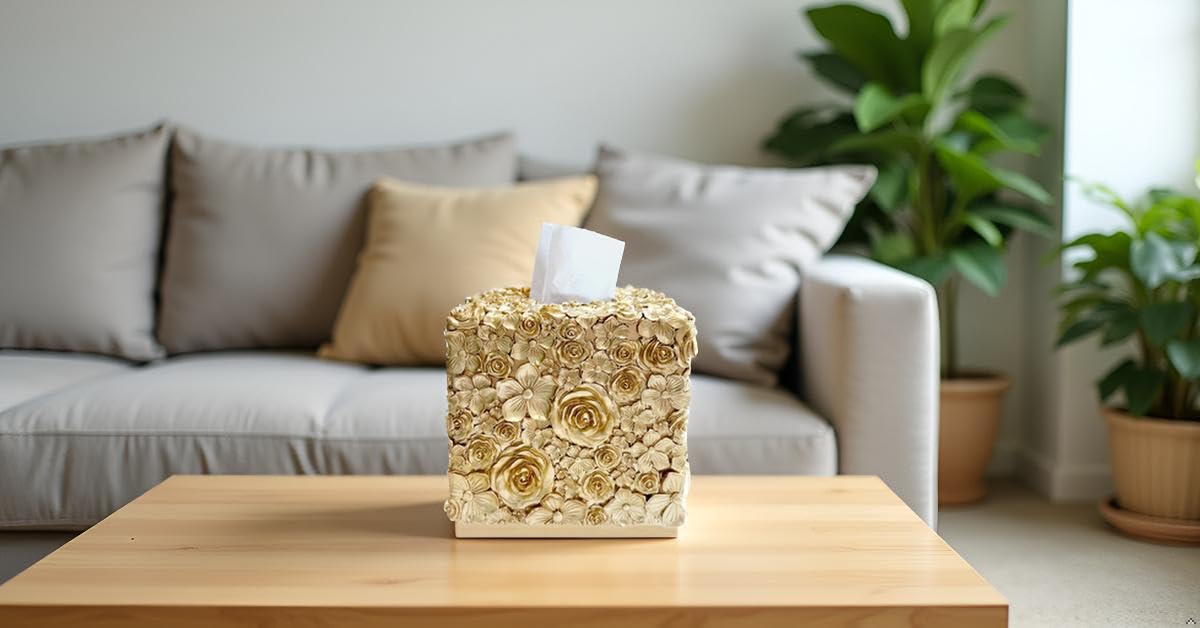 Huitony Square Tissue Box Cover Decorative Kleenex Box Holder for Bathroom & Living Room with Handcrafted Texture (Rose Gold)