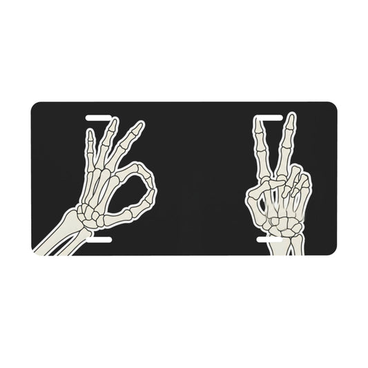 Skeleton Hand Ok and Peace Sign Front License Plate for Women Car Vanity Plates Decorative Aluminum Metal Cute Novelty License Plate Cover for Men 6x12 Inch (4 Holes)