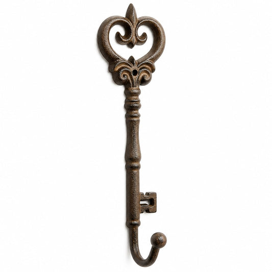 Comfy Hour 9" Brown Cast Iron Antique Decorative Key Wall Hook, Vintage Figurine Style Home Decor Hanger, Heavy Duty Metal Coat and Hat Hook