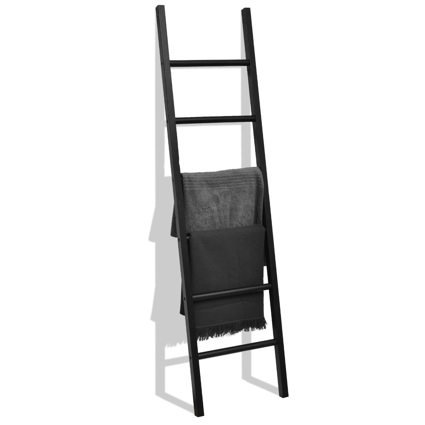 FUIN 6ft Wooden Black Blanket Ladder Living Room Decorative Wall Leaning Farmhouse Quilt Display Holder Rustic Wood Towel Rack for Bathroom