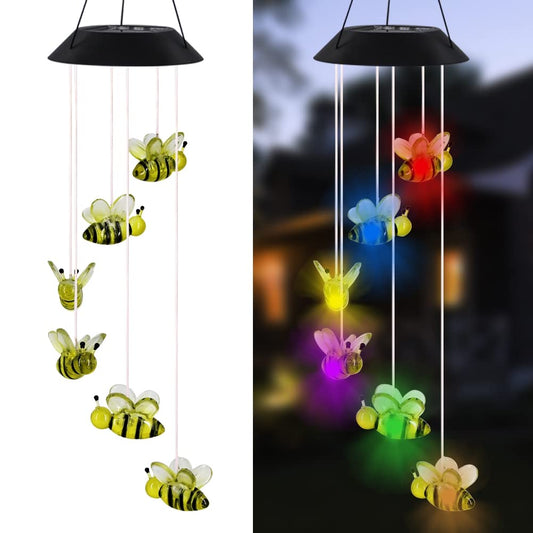 MorTime LED Solar Bee Wind Chime, 25" Mobile Hanging Wind Chime for Home Garden Decoration, Automatic Light Changing Color(Honeybee)