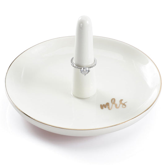 HOME SMILE Mrs Ring Holder Jewery Tray-Monogrammed Engagement Gifts for Friends,Birthday Mother's Day Christmas Gifts for Women,Ceramic White…