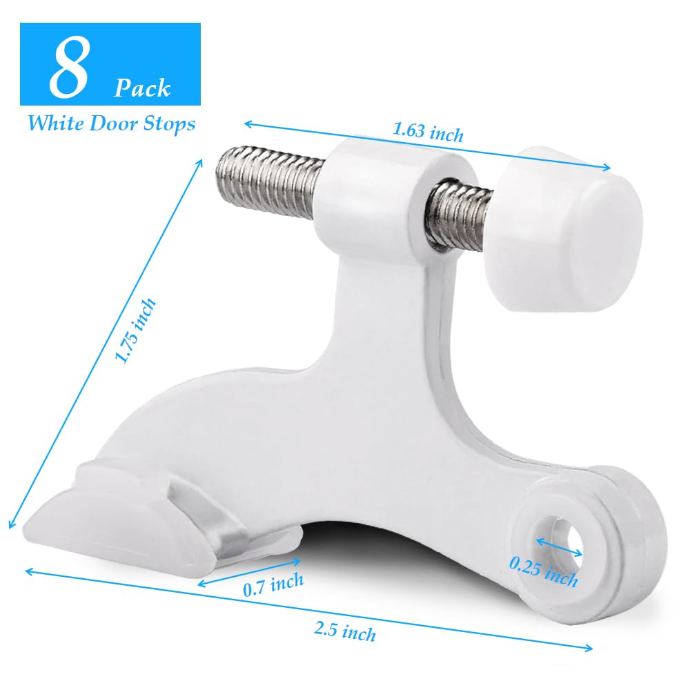 OBTANIM 8 Pack Hinge Pin Door Stopper Heavy Duty Metal Adjustable Door Stops with Rubber Bumper Tips (White)