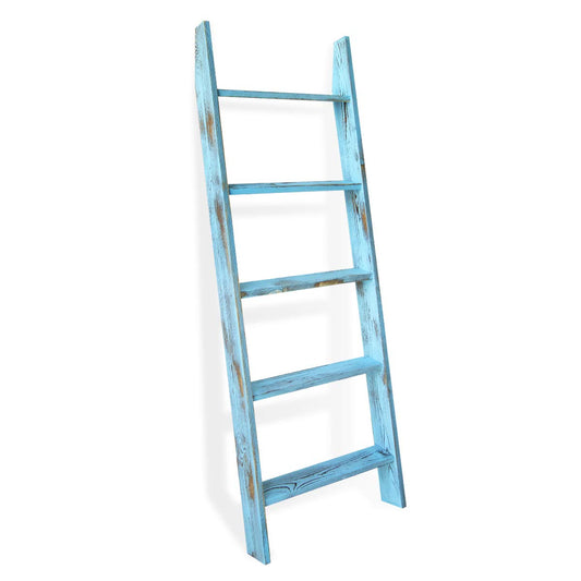Honest Blanket Ladders for the Living Room, 5-Tier Blanket Holder, Wall-Leaning Blanket Rack, Ladder Shelves, Wooden Quilt Ladder, Farmhouse Decor, Blue