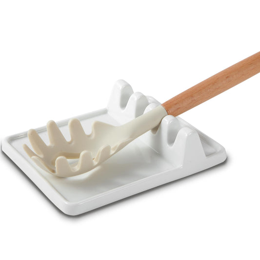 Ceramic Spoon Rest & Kitchen Utensil Rest, Heat-Resistant Drip Pad for Countertop – Holds Spoons, Ladles, Tongs & More, Stove Top Spoon Holder (white)