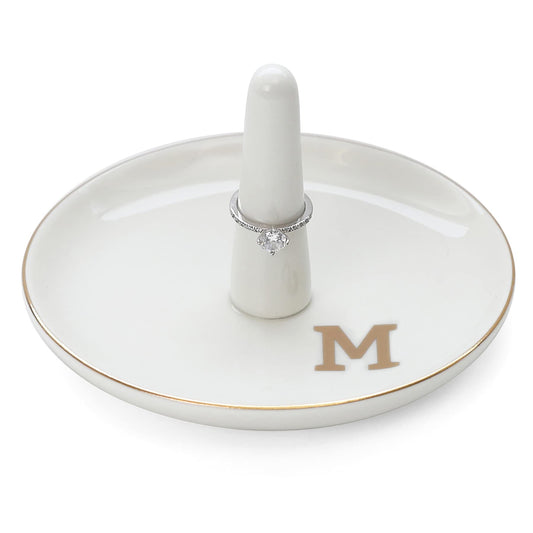 HOME SMILE Initials Ring Holder Jewery Tray with personalized M-Monogrammed Engagement Gifts for Friends,Birthday Mother's Day Christmas Gifts for Women,Ceramic White