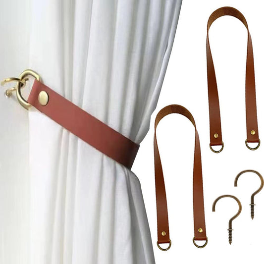Leather Curtain Tie Backs - 2 Pcs Wall Mounted Curtain Holdbacks with Metal Hooks, Leather Drapery Tiebacks for Living Room Bedroom Cafe, Vintage Curtain Tie Backs for Thick/Thin Curtains (Red Brown)