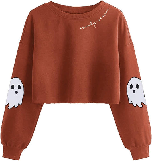 KNBUO Women's Funny Ghost Graphic Crop Sweatshirt Halloween Spooky Season Printed Lantern Long Sleeve Pullover Tops(XL,02CBrown