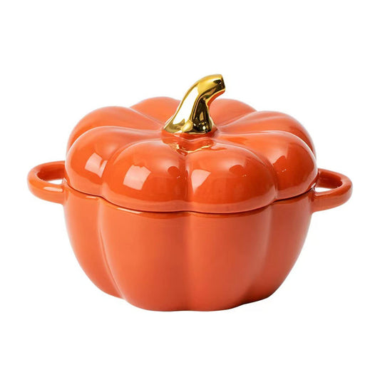 FYUEROPA Pumpkin Bowl Set with Lid and Handle, 14 Oz Ceramic Ramekins for Baking, Casserole Dish Individual Severing Pot, Stoneware, Oven Safe (Orange)