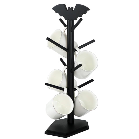 RSSCIIIUL Bat Mug Holder Tree - 8 Hooks Rack for Gothic Home Decor - Wood Mug Tree for Countertop - Cup Holder for Halloween Kitchen Organizer & Coffee Bar Accessories