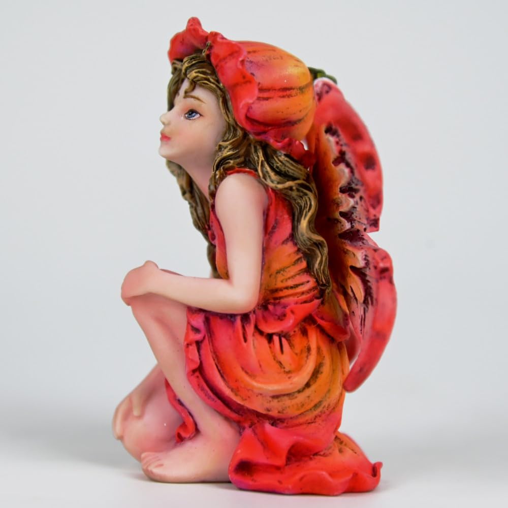 Fipcnbs Fantasy Red Autumn Fairy Figurine, 3.15 Inch Flower Hat Elf Statue, Hand-Painted Gradient Resin Decor with Textured Wings for Fall Garden, Desk, Plant Pot