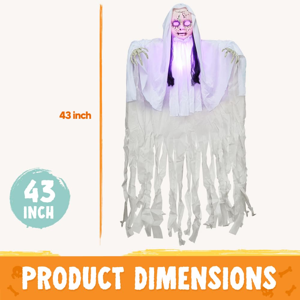 JOYIN 43" Outdoor Halloween Decoration, Scary Girl Hanging Ghost Decor with Light-up Head for Yard, Patio, Haunted House Lawn Garden