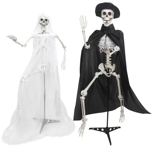 2PC 5.4Ft Life Size Skeletons with Stand Gothic Skeleton Bride and Groom Plastic Skeleton with Movable Joints for Halloween Party Haunted House Front Lawn Decoration