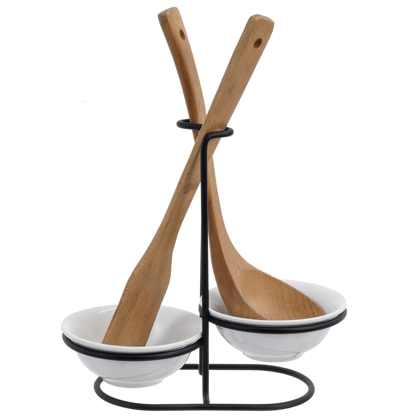 MyGift Countertop Ceramic Spoon Rest with Matte Black Metal Stand, Upright Ladle Holder Rack with 2 Bowl Dish