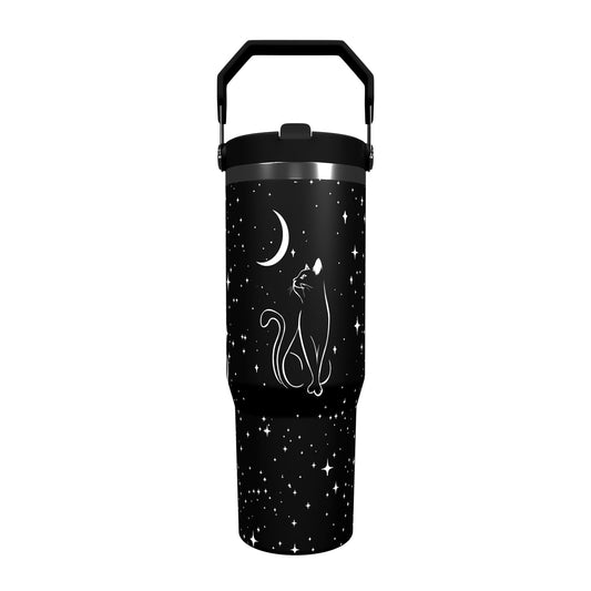 Boho 30oz Tumbler with Straw and Lid Gift for Boys Girls Sun Moon Water Bottle Travel Kettle Cup for Car Cold and Hot Stainless Steel Double Wall Insulated Mug (star cat)