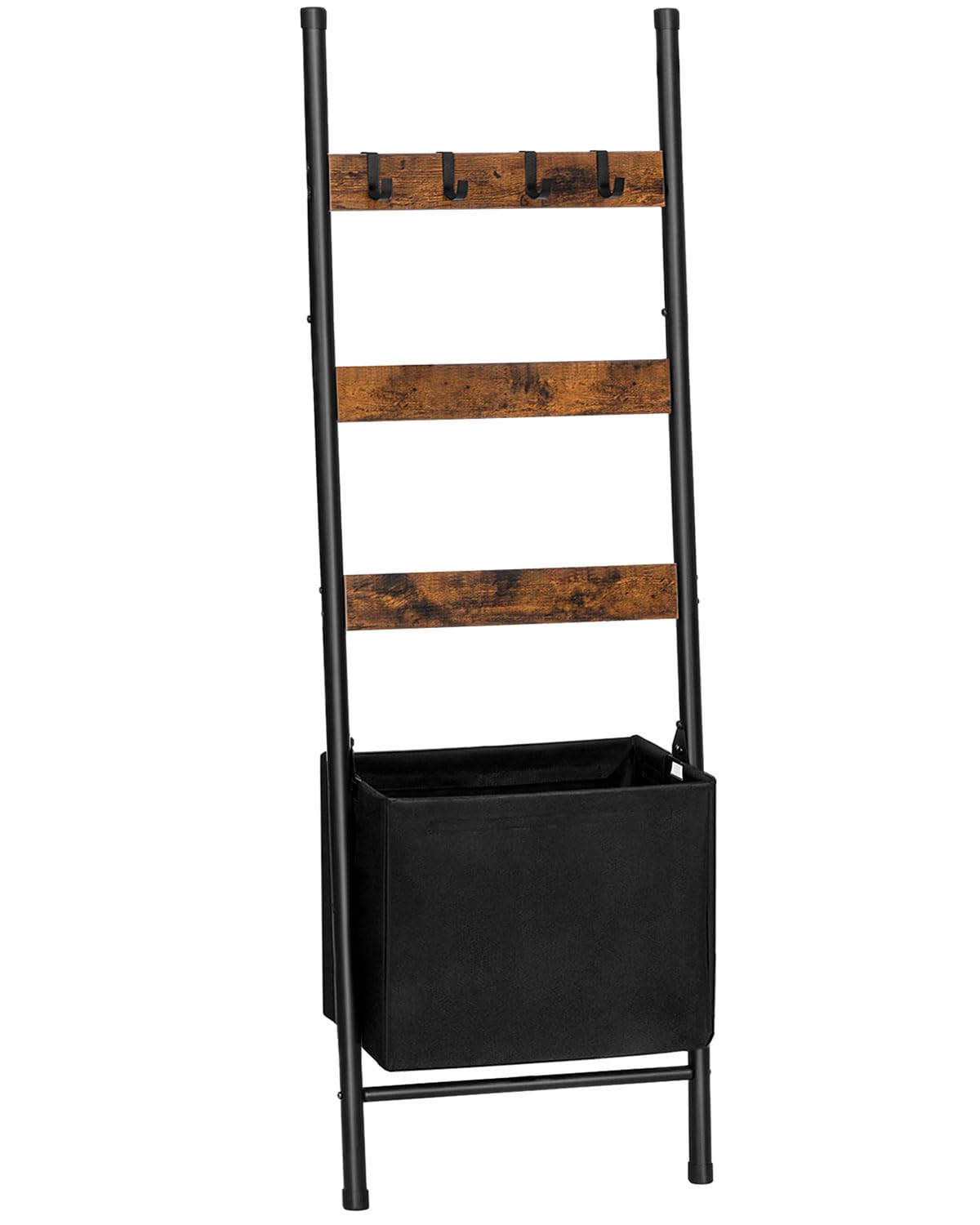 HOOBRO Blanket Ladder with Basket, 17.3”L x 63.4”H, Towel Rack with Hooks, Blanket Holder Rack, Decorative Ladder Shelf, Drying and Display Rack for Bathroom, Living Room, Rustic Brown BF31CJ01