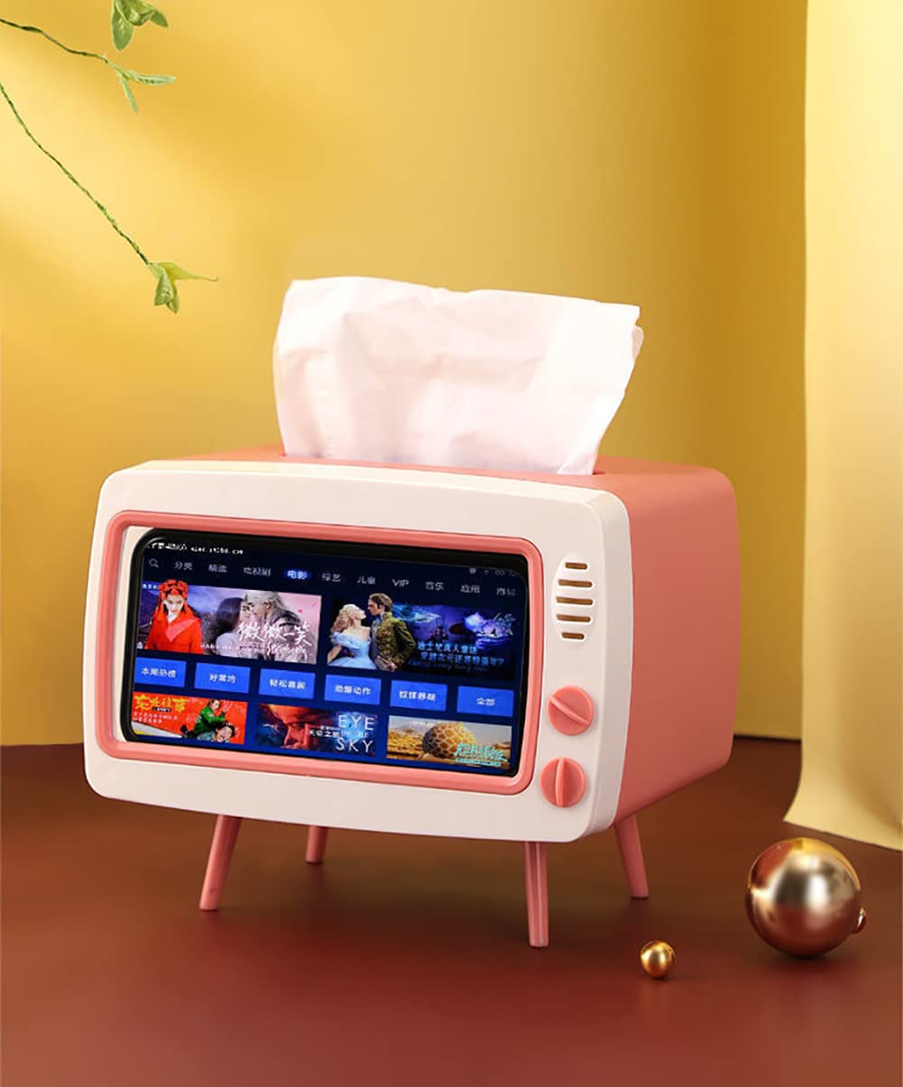 CQUUKOI Fun Cute TV Tissue Box Holder,Multi Functional Square Tissue Box Cell Phone Holder for All Smartphone Toilet Paper Napkin Box Desktop Decoration for Room Bathroom Kitchen Dining (Pink)