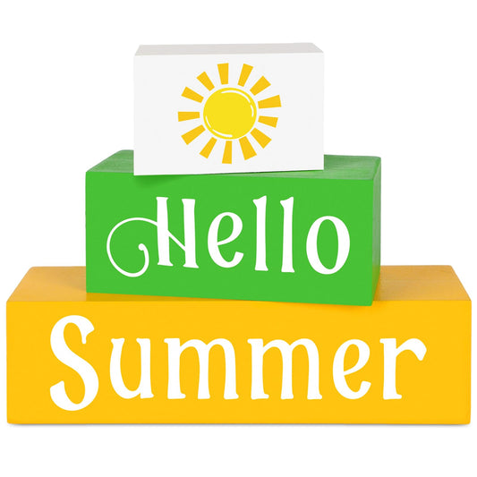 COCHIE Wooden Hello Summer Decorations Table Sign, Sunshine Beach Table Top Centerpiece Blocks Decorations for Home, Office, Mantel, Tabletop, Party, Shelf Set of 3 (Summer)