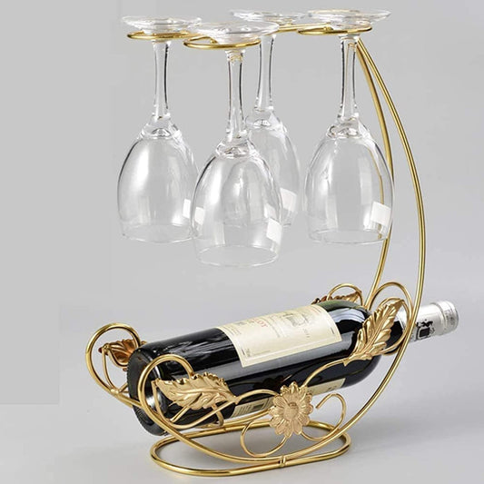 Hongiuia Metal Wine Rack, Tabletop Wine Glass Holder, 1 Bottle+4 Cups Gold