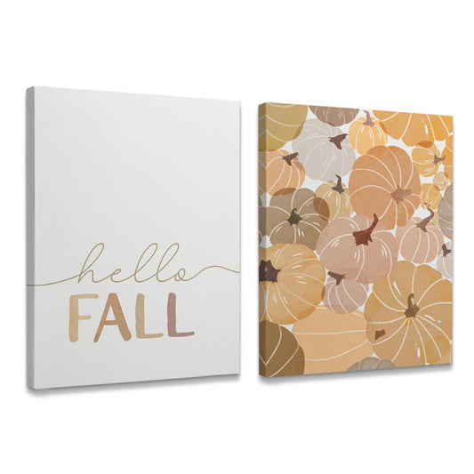 Rustic Vintage Hello Fall Pumpkin Harvest Framed Canvas Wall Art Decor 11×14 inch Set of 2, Autumn Fall Themed Print Painting Artwork Home Wall Decoration For Living Room Bedroom Farmhouse