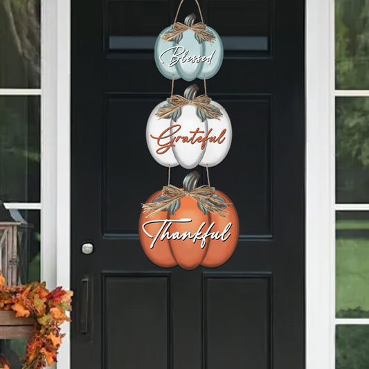 3 Pieces Fall Door Sign Pumpkin Decor Grateful Thankful Blessed Wall Signs,Rustic Hanging Welcome Door Sign for Autumn Harvest Thanksgiving Halloween Door Wall Decoration Indoor Outdoor Fall Decor for Home