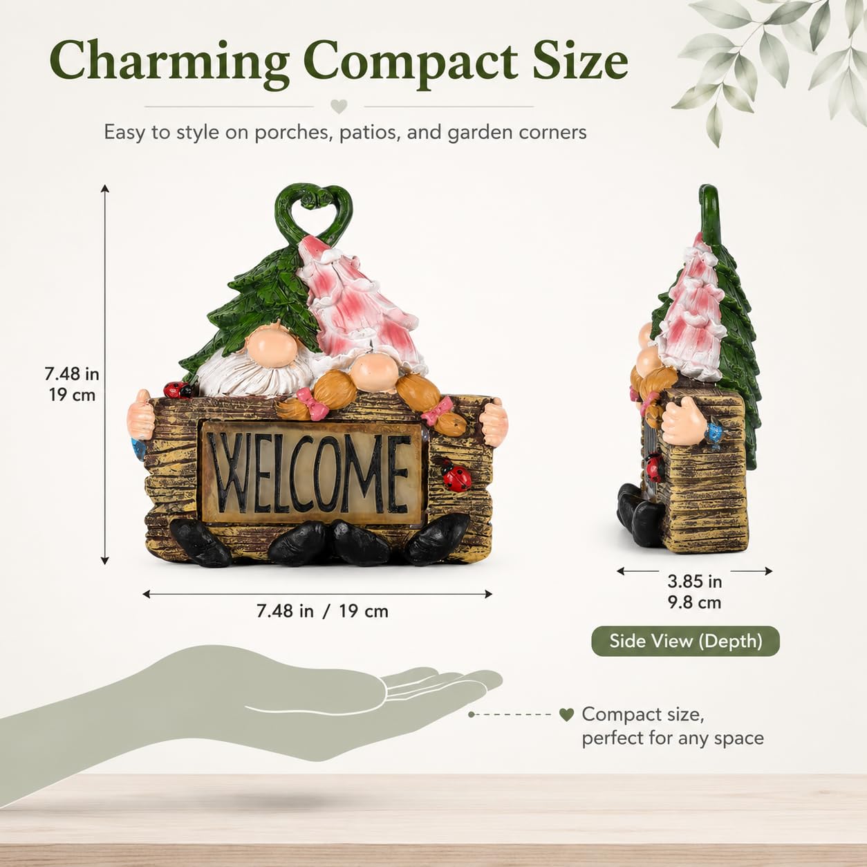 Garden Gnome Statue with LED Lights,7.5 Inch Resin Couple Gnome Figurine with Heart Topper & Welcome Sign,Outdoor Garden Decor for Patio,Lawn,Yard,Ideal Gift for Garden & Gnome Lovers (Green)