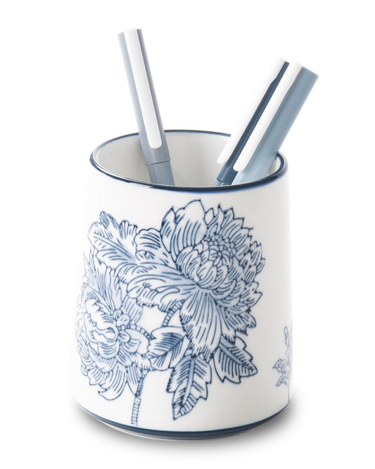 Magclay Pencil Holder for Desk, Ceramic Pen Holder, Blue and White Chinoiserie Desk Pen Organizer, Flowers and Branches