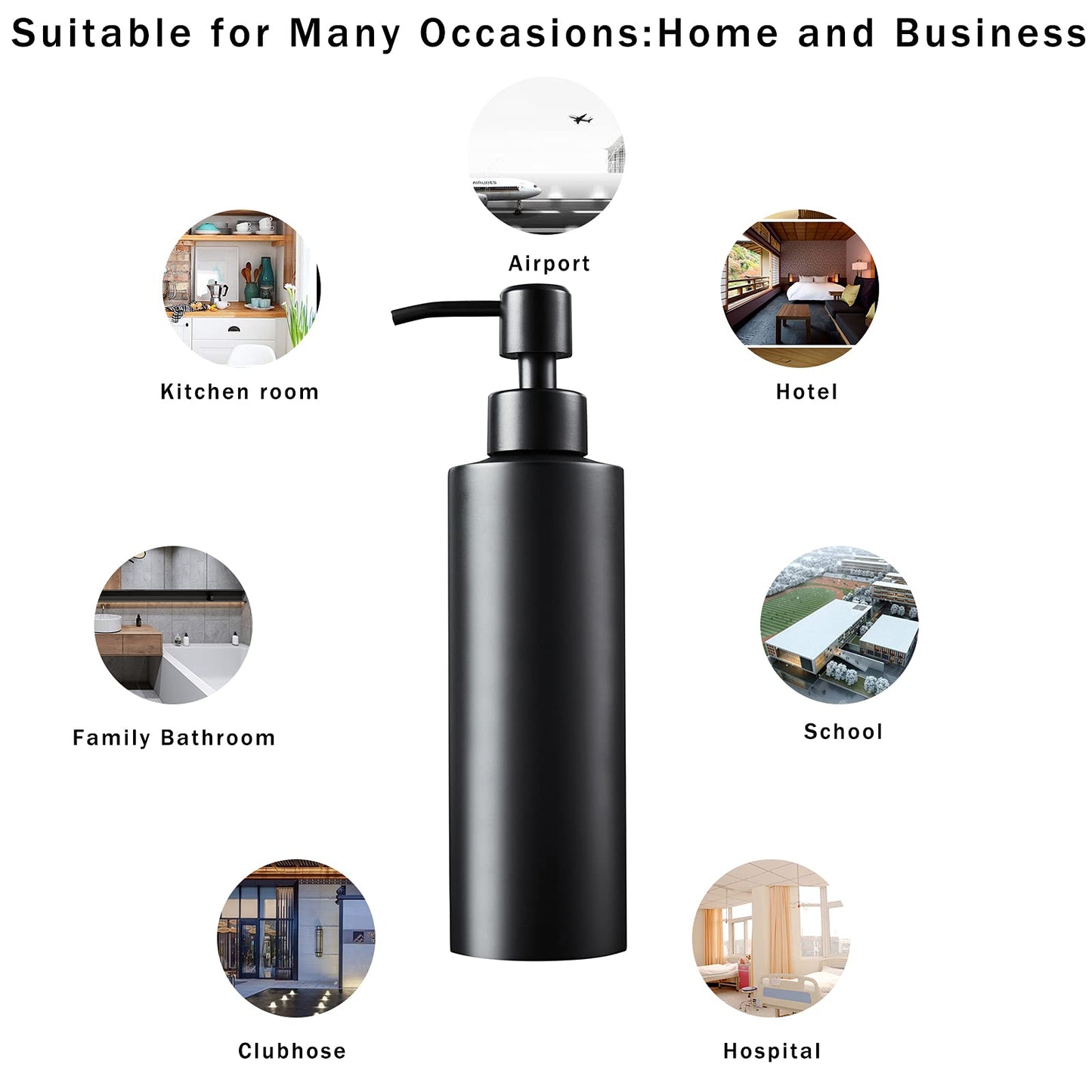 Soap Dispenser, Matte Black with Funnel and Non-Slip Coaster 304 Stainless Steel Metal Pump Hand Sanitizer Bottle for Bathroom, and Kitchen (12oz/350ml)
